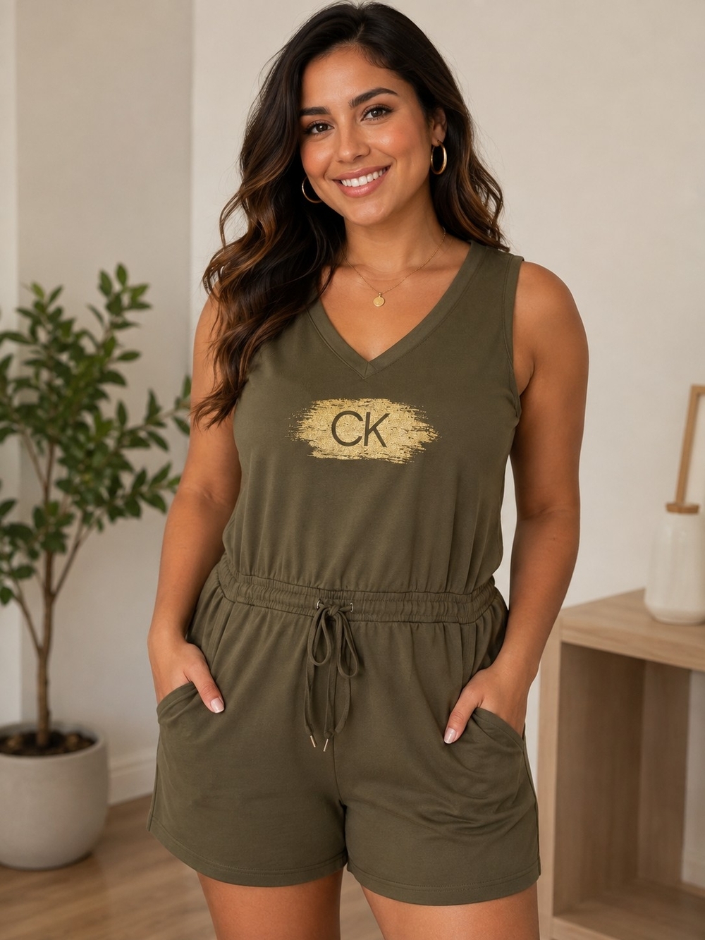 Calvin Klein Olive Sleeveless V-Neck Romper with Gold CK Brushstroke